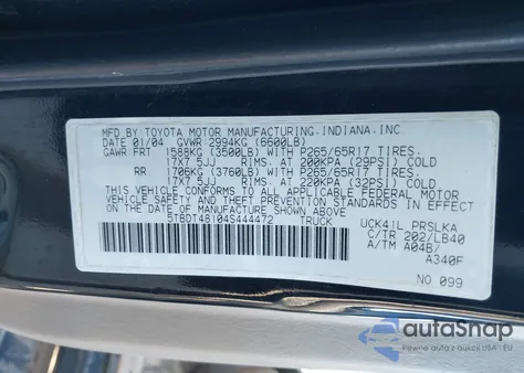 2004 Toyota Tundra Limited V8 from USA, damaged, VIN 5TBDT48104S444472